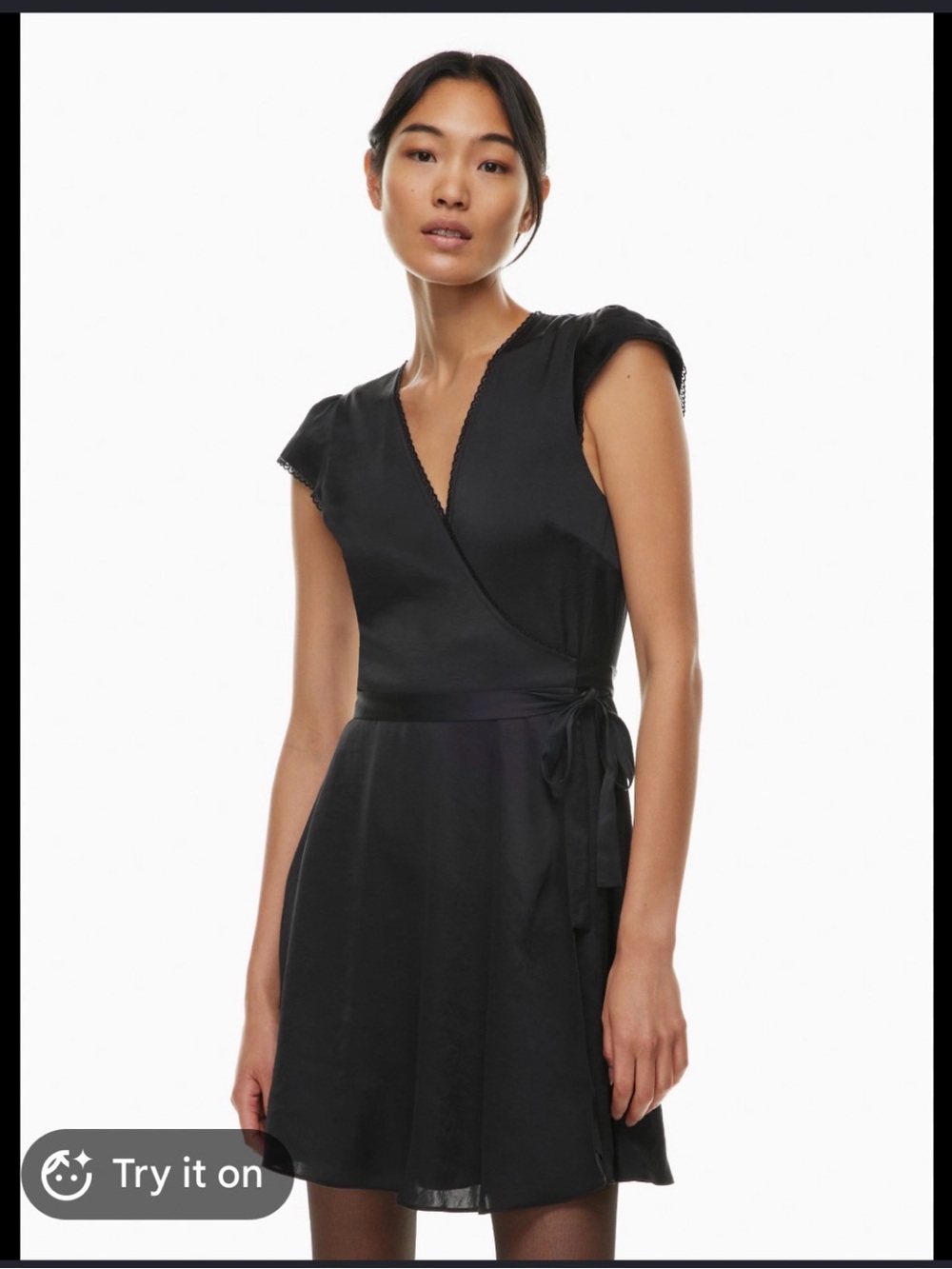 Wilfred Aritzia Mademoiselle Black Satin Wrap Mini Dress w Cap Sleeves SMALL